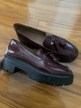 Women's Burgundy Patent Tassel Loafers with Chunky Black Sole